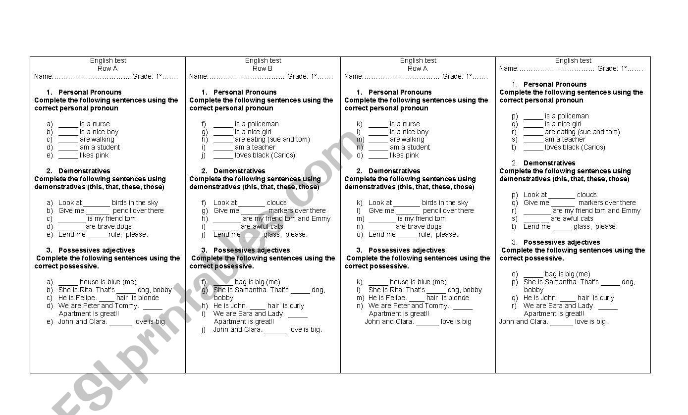 Short test worksheet