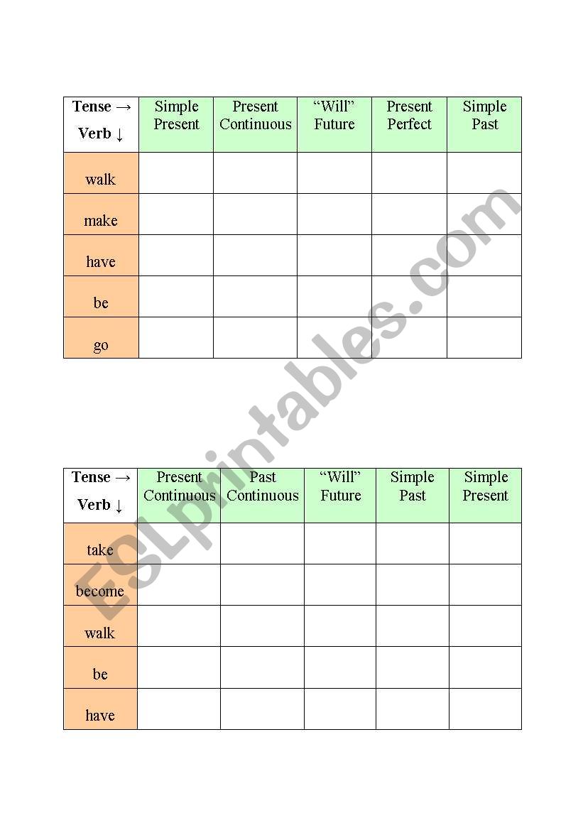 Tenses Bingo Game worksheet