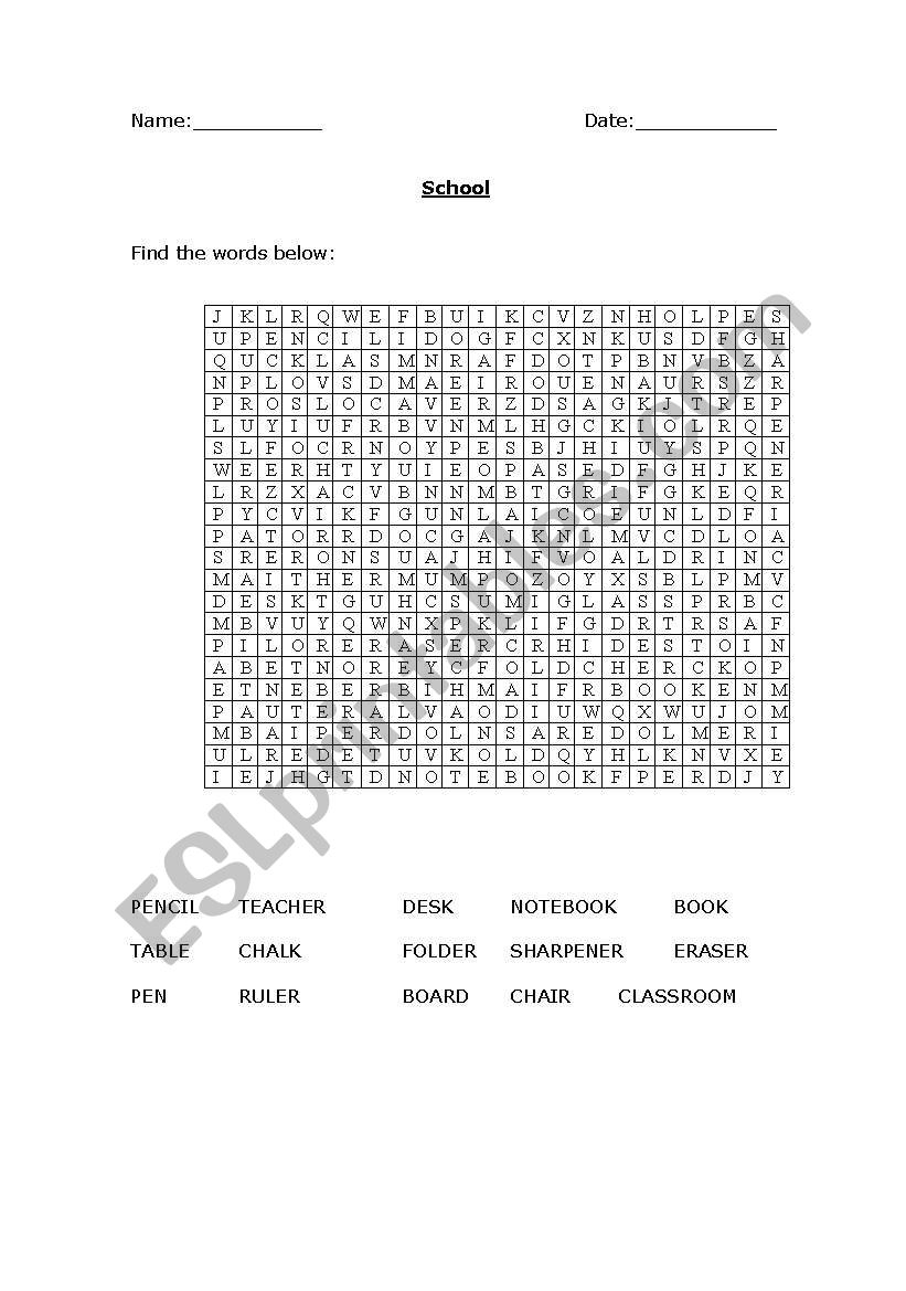 School word search worksheet