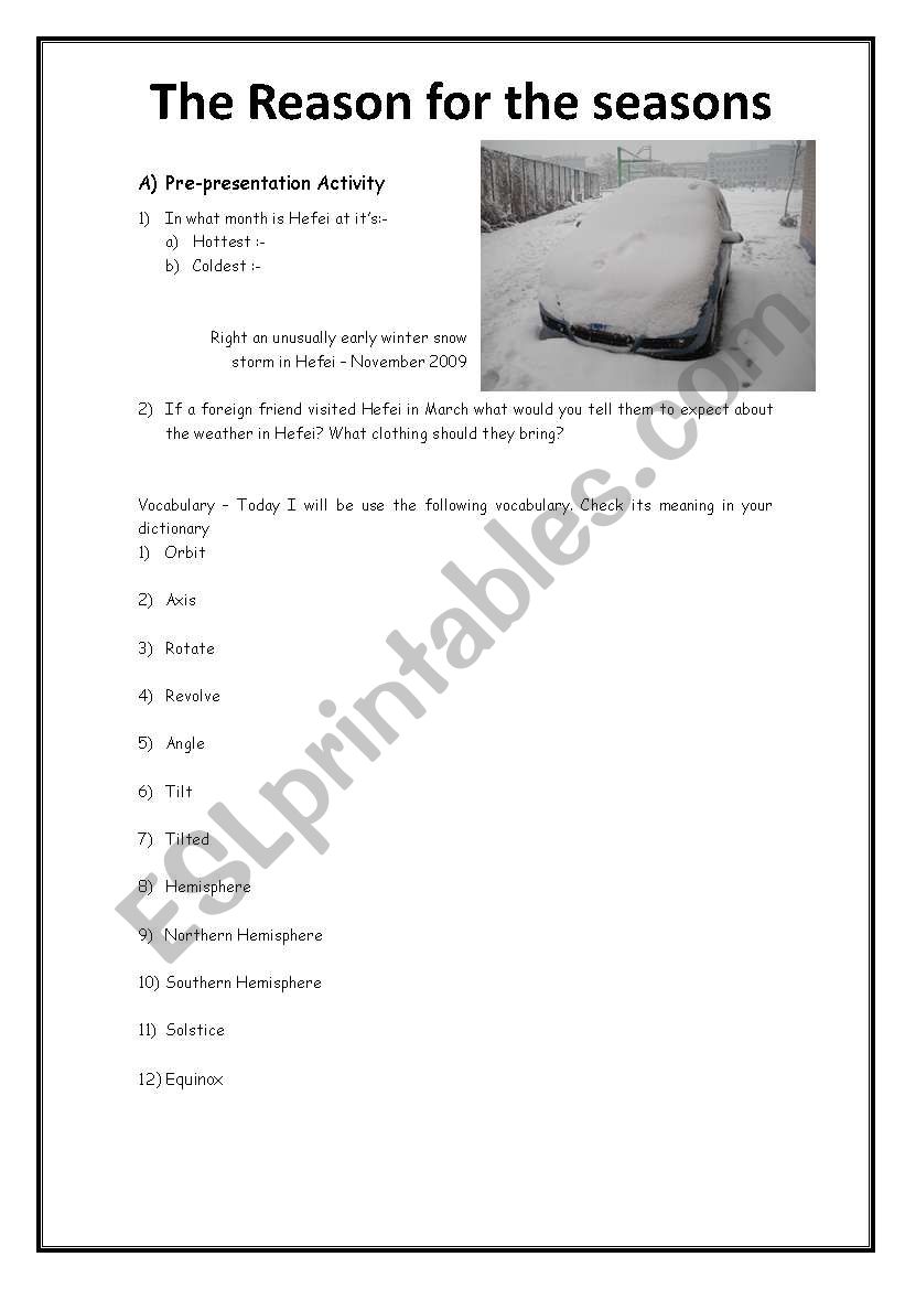 Reasons For Seasons Worksheet
