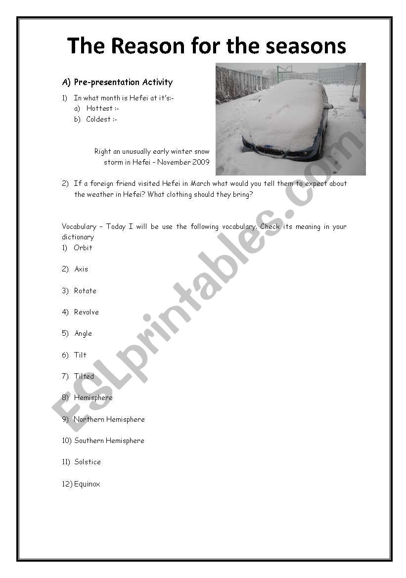 English worksheets: The reason for the seasons Within Reasons For Seasons Worksheet