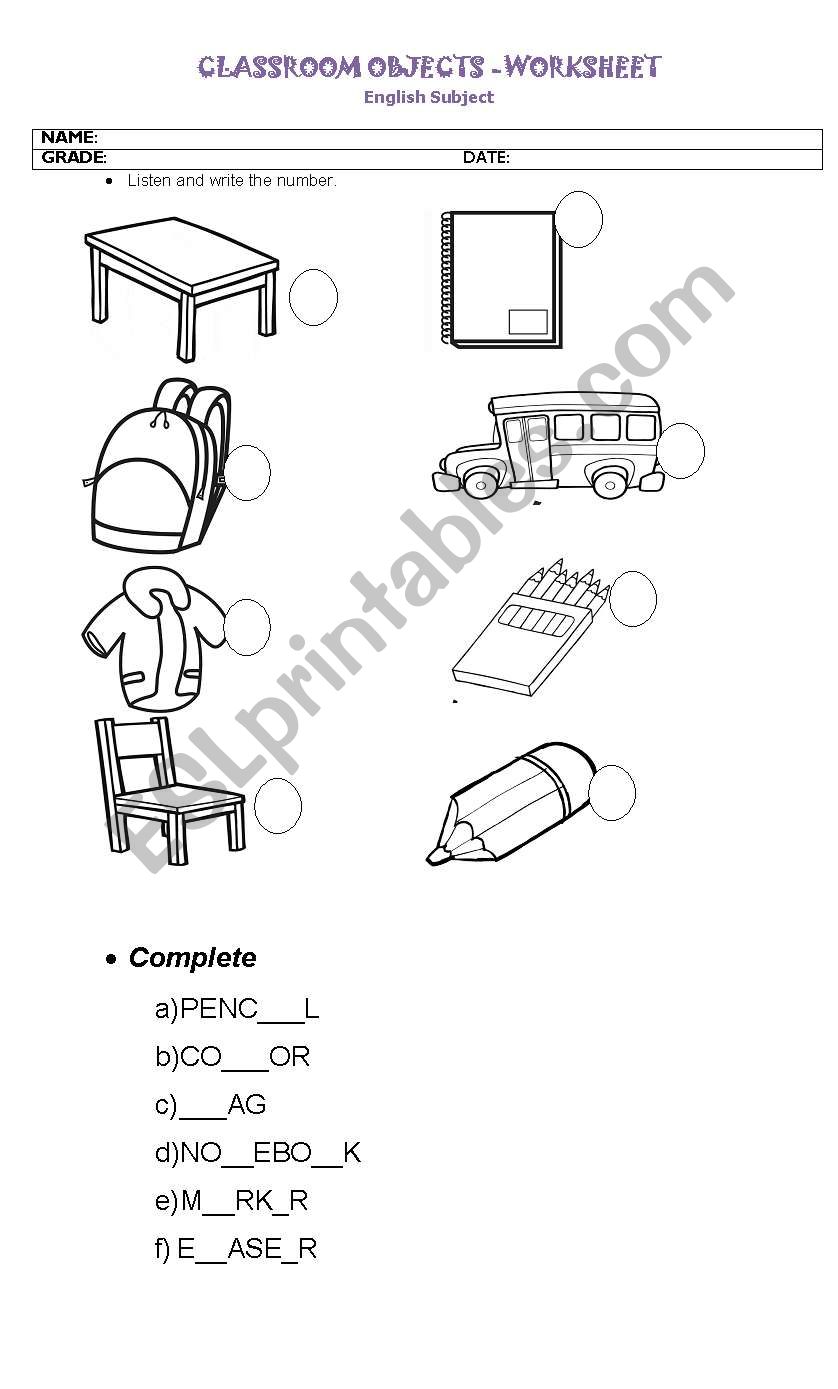 Classroom objects worksheet