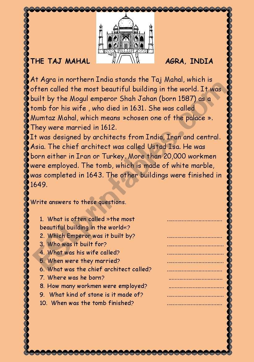 THE TAJ MAHAL worksheet