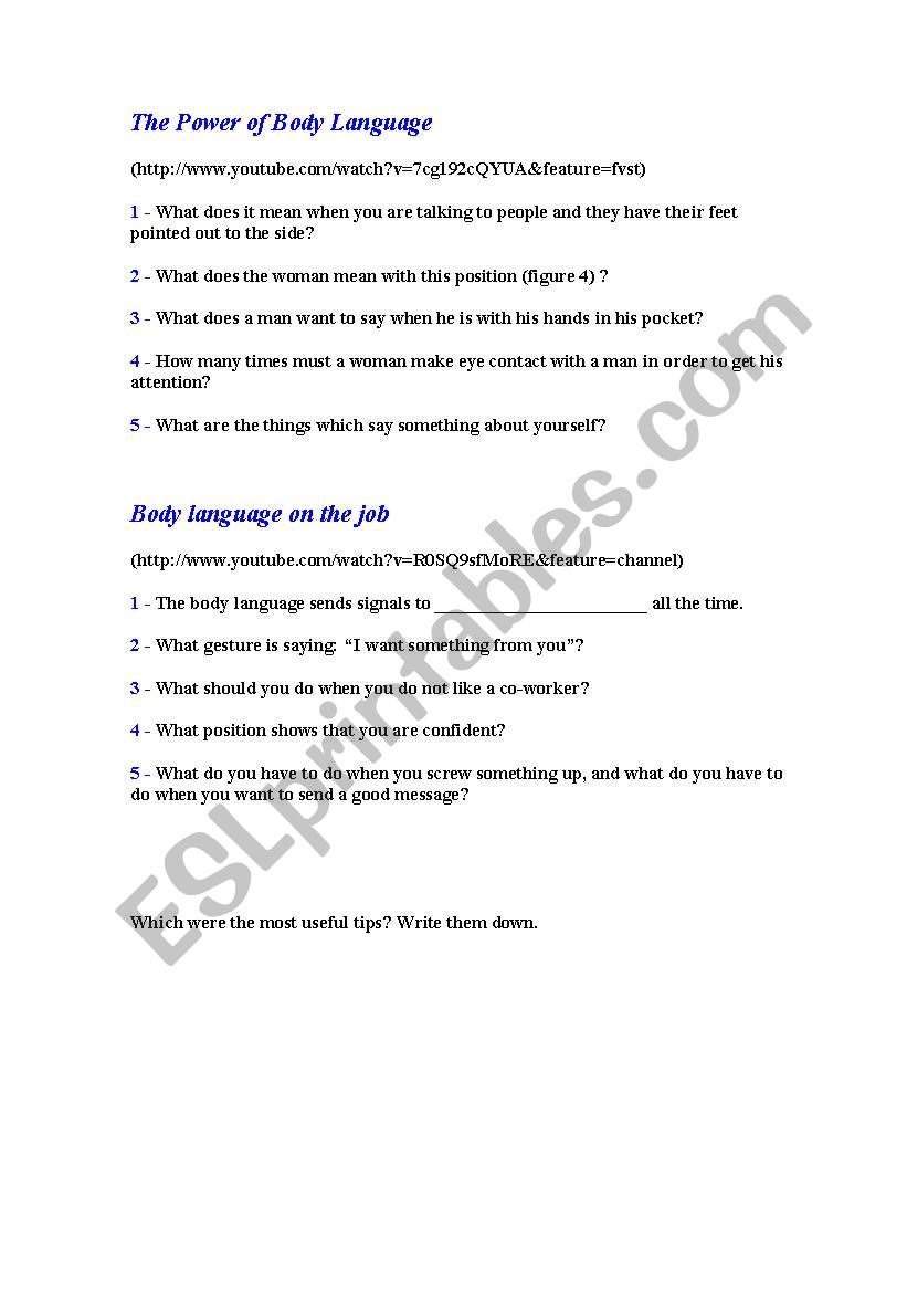 Body language worksheet