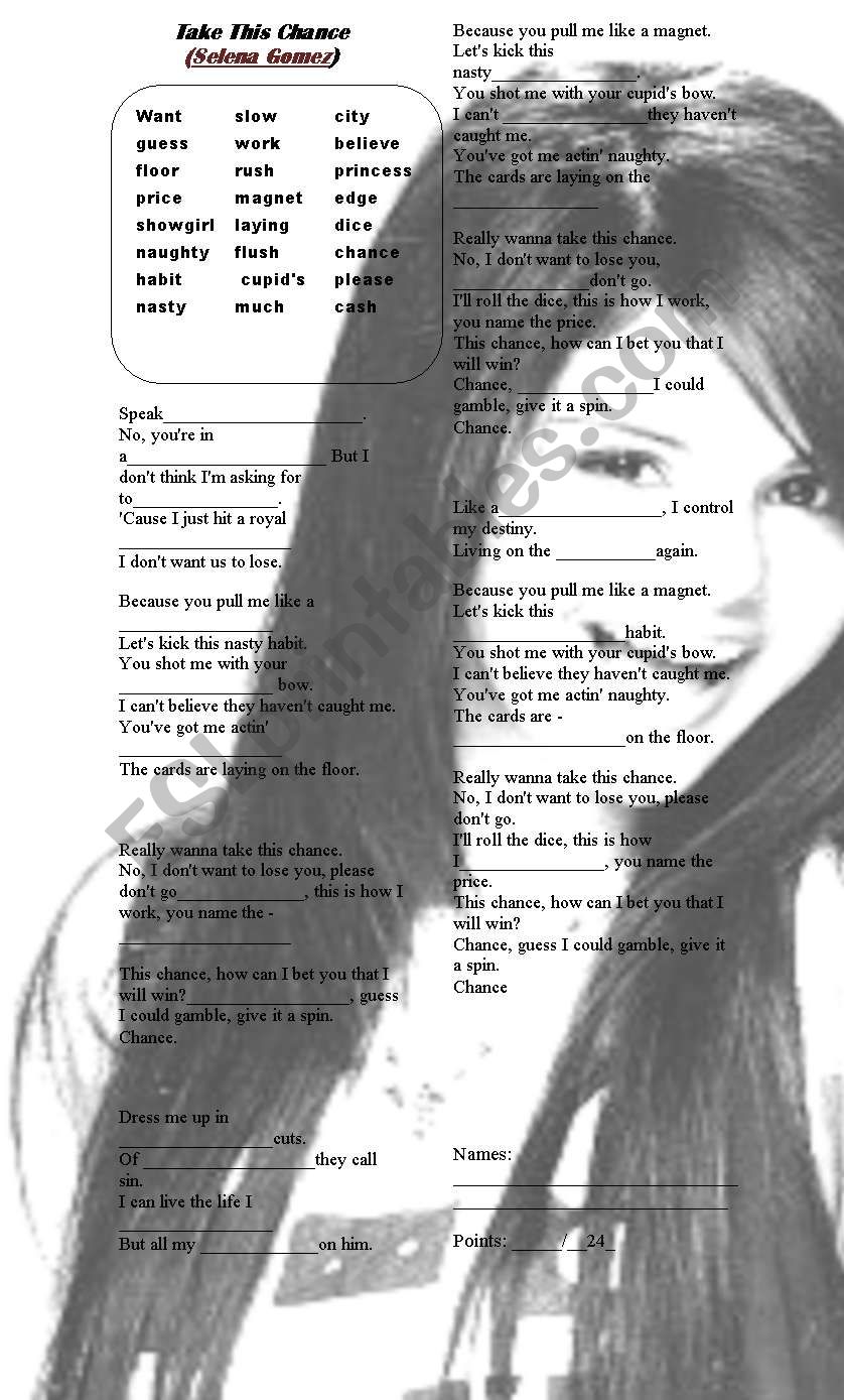 take this chance SELENA GOMEZ worksheet