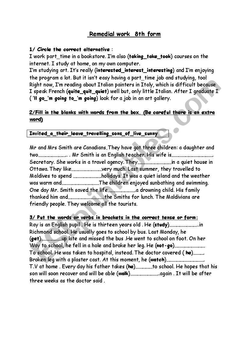 8th form remedial work worksheet