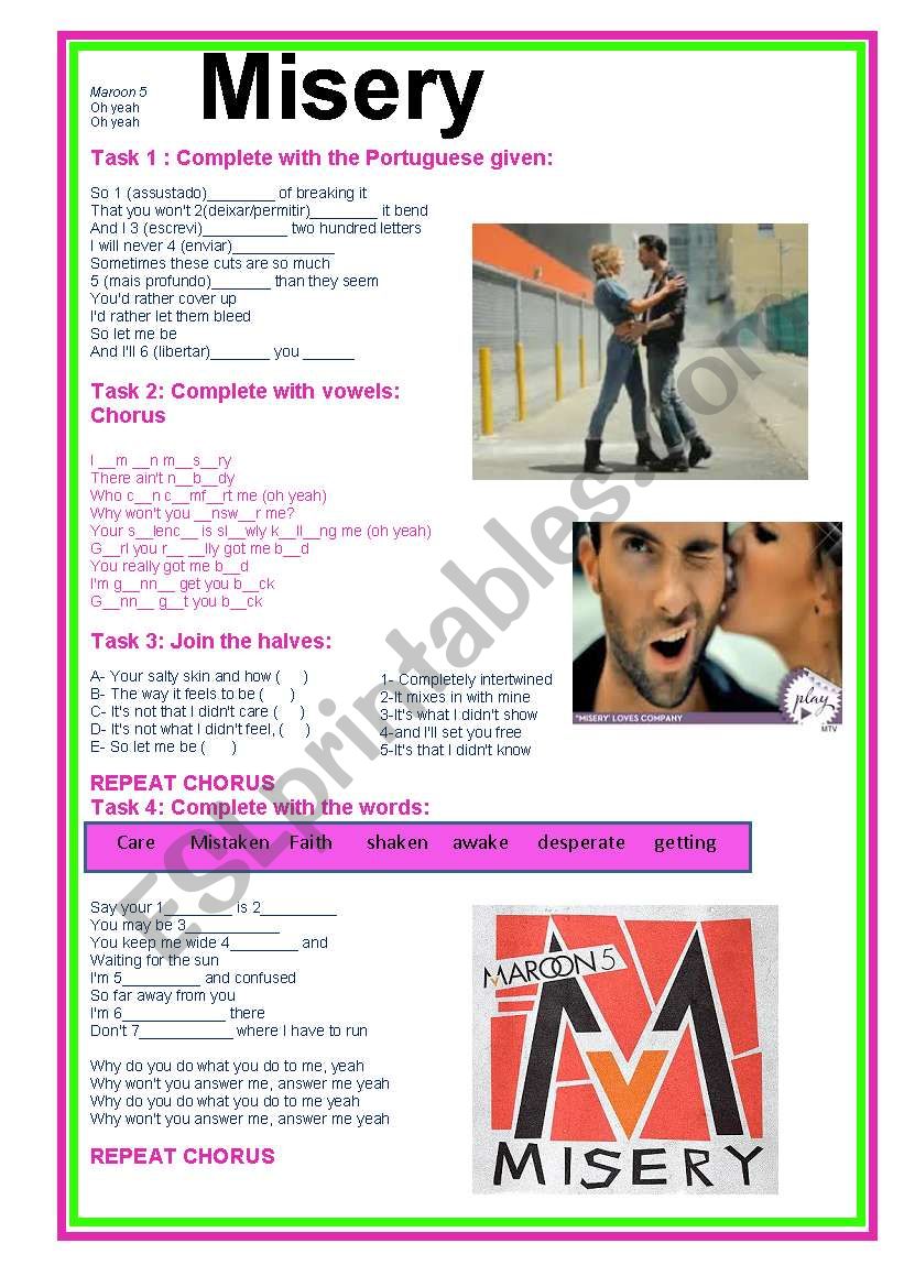 Misery Maroon 5 worksheet