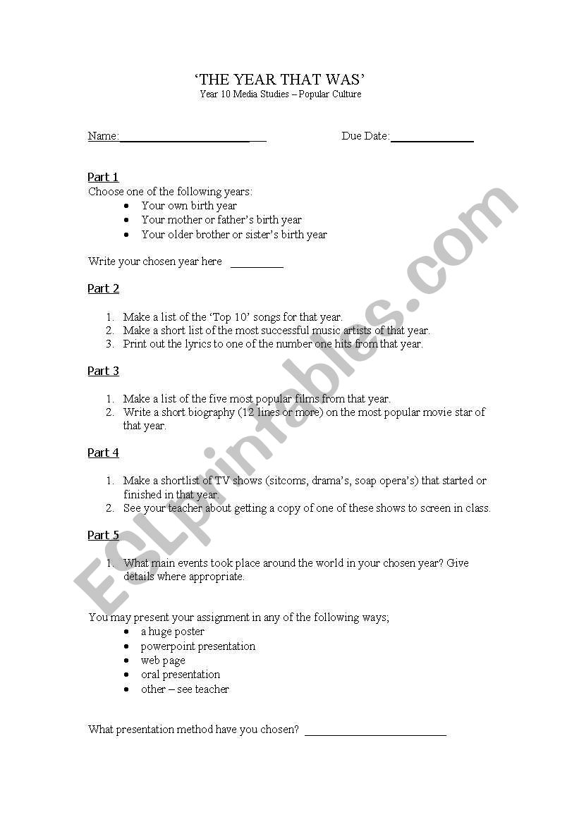 The Year That Was worksheet
