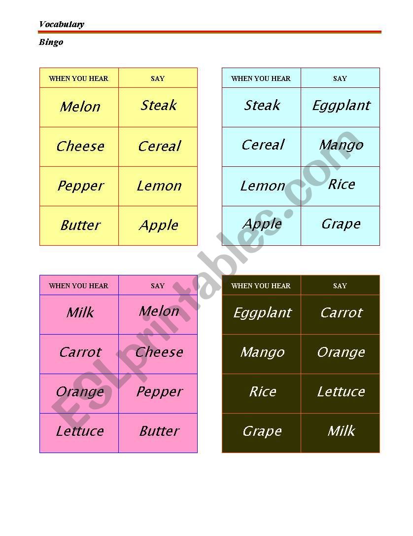 Bingo with Food worksheet