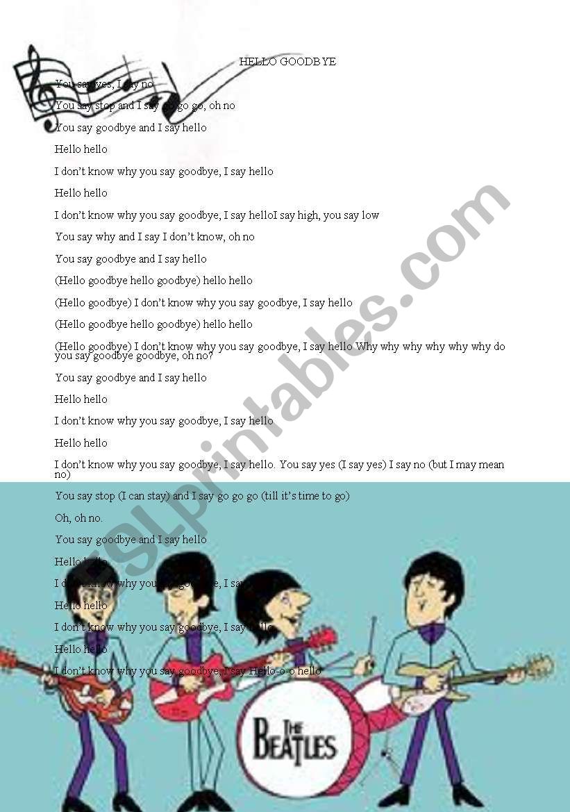 hello goodbye THE BEATLES worksheet hello goodbye THE BEATLES worksheet