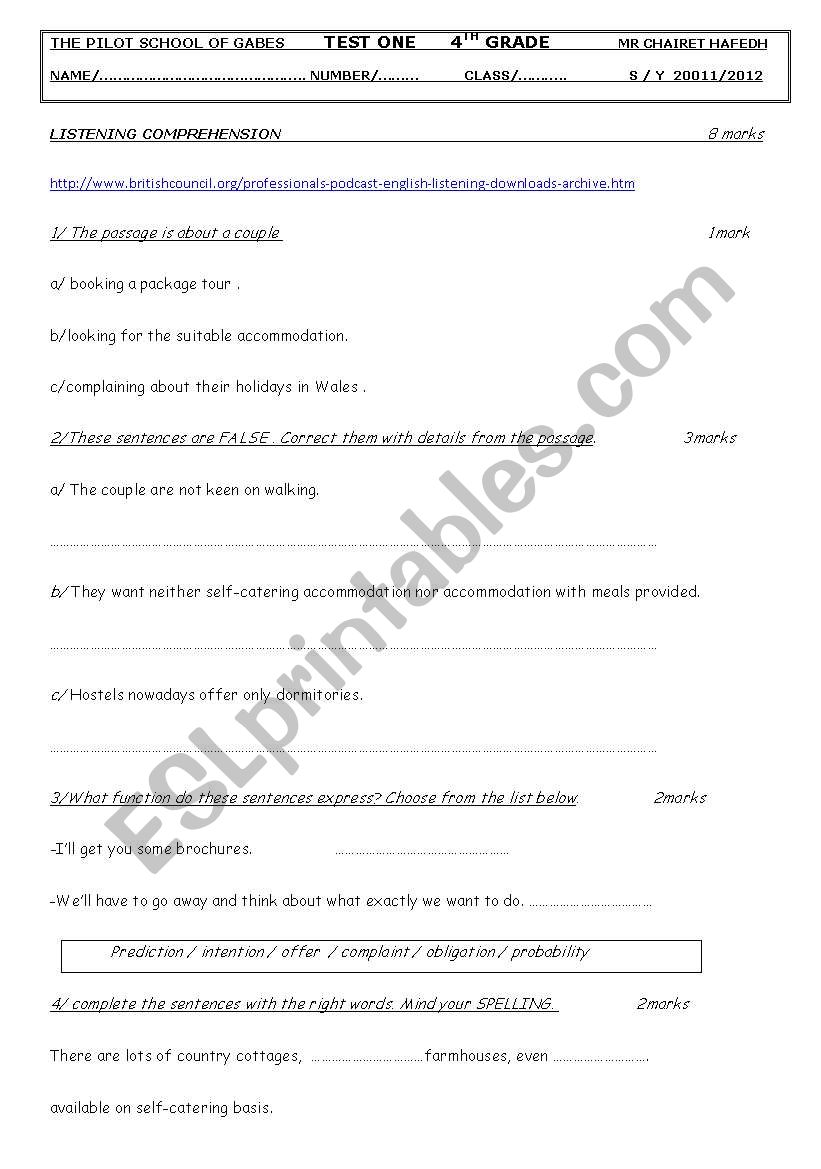 test one bac pupils worksheet