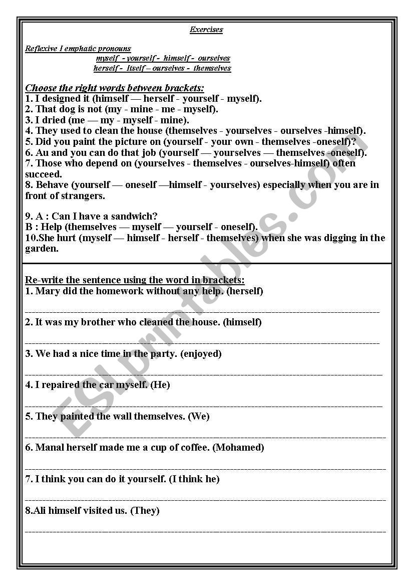 reflexive prounouns worksheet