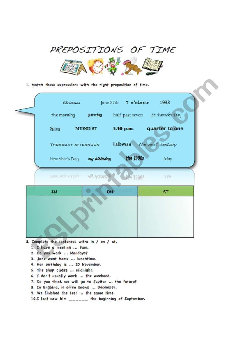 Prepositions Of Time worksheet