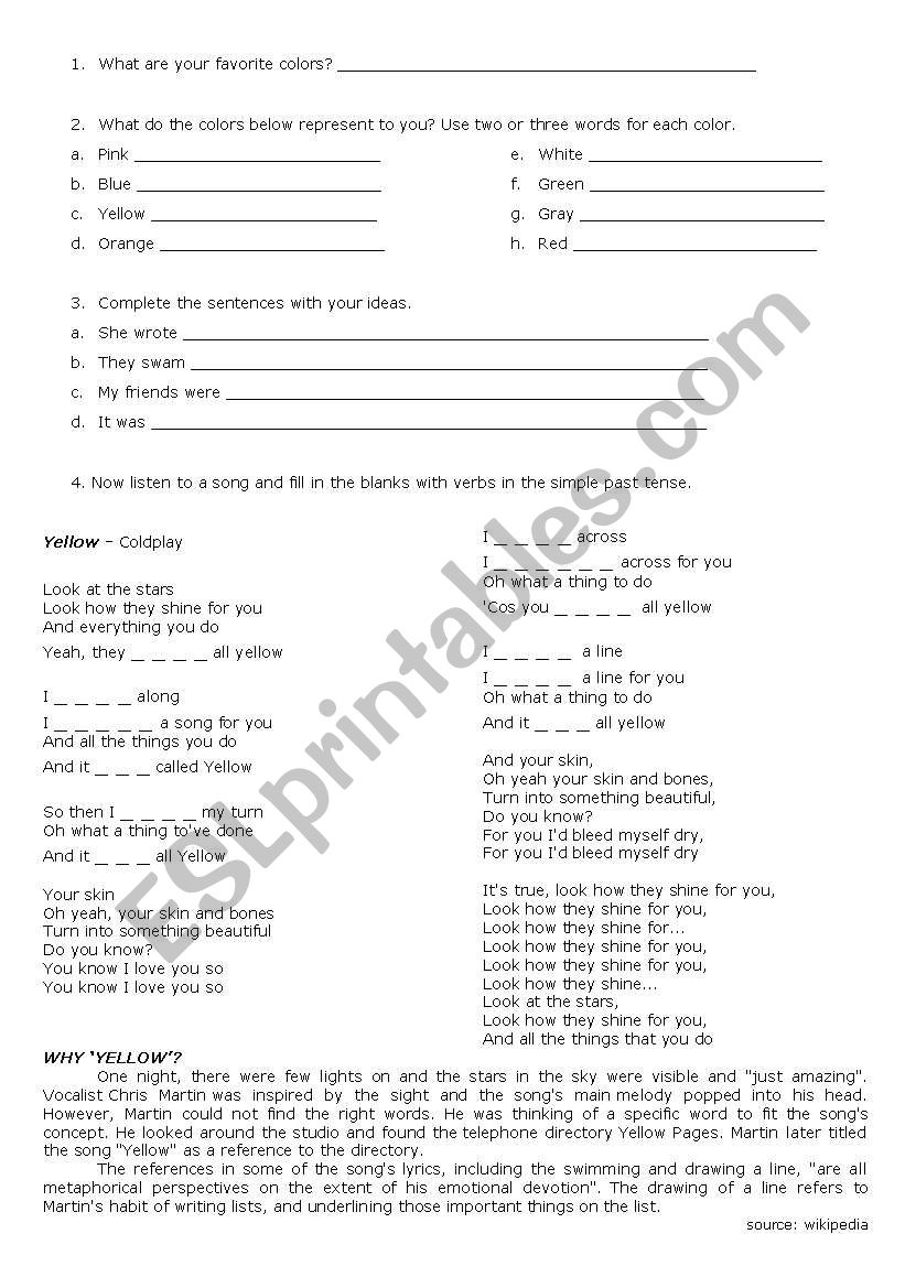 Yellow - Coldplay worksheet