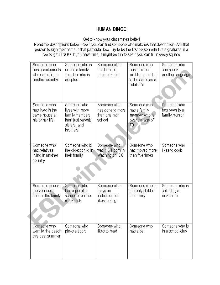 Human Bingo worksheet