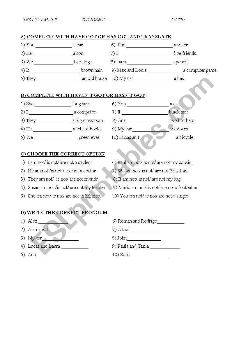 HAVE- HAS GOT worksheet