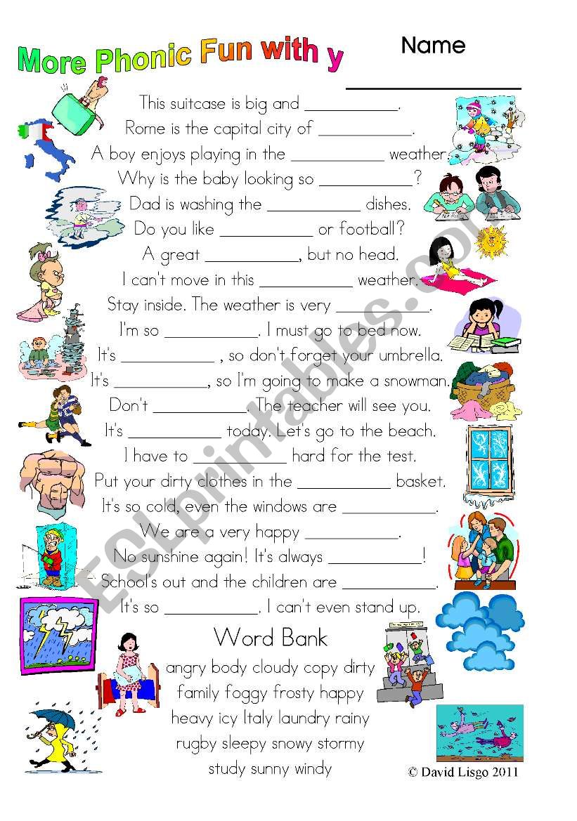 3 pages of Phonic Comics with y study: worksheet, comic dialogue and key (#34)