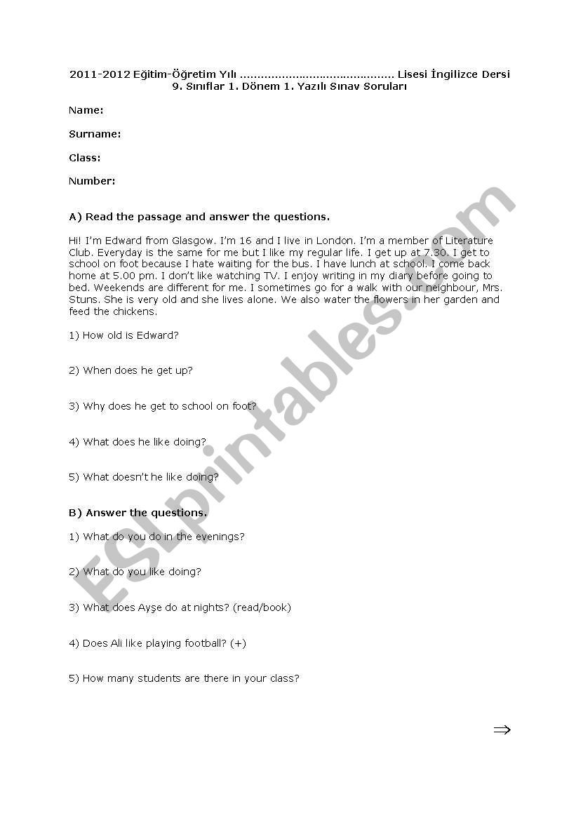 1st written exam for 9 th grades