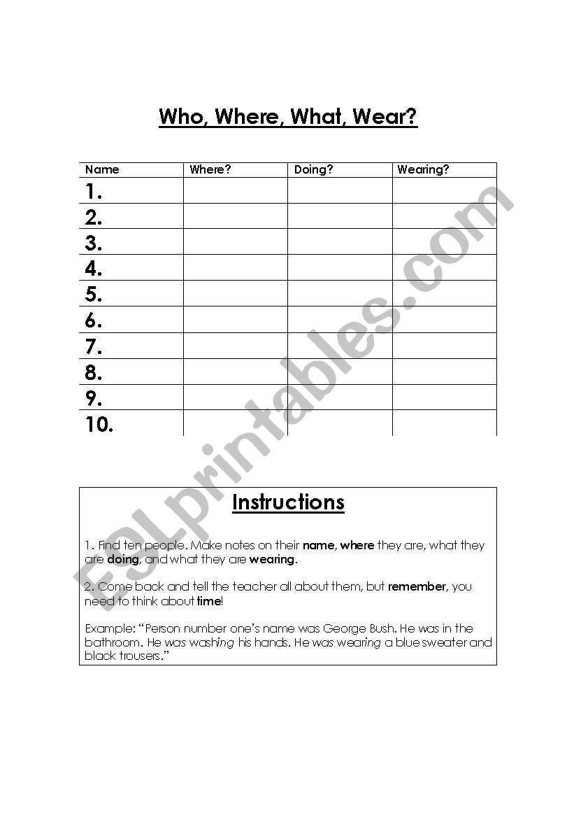 Who Where What Wear? worksheet