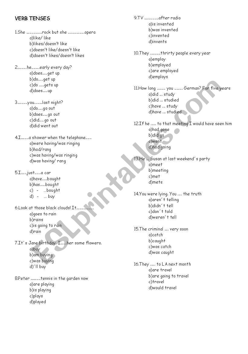 verb tenses worksheet
