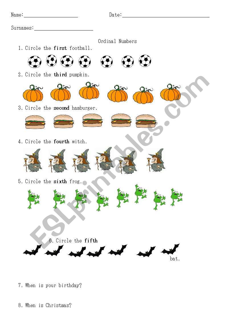 Cardinal ordinal numbers  worksheet