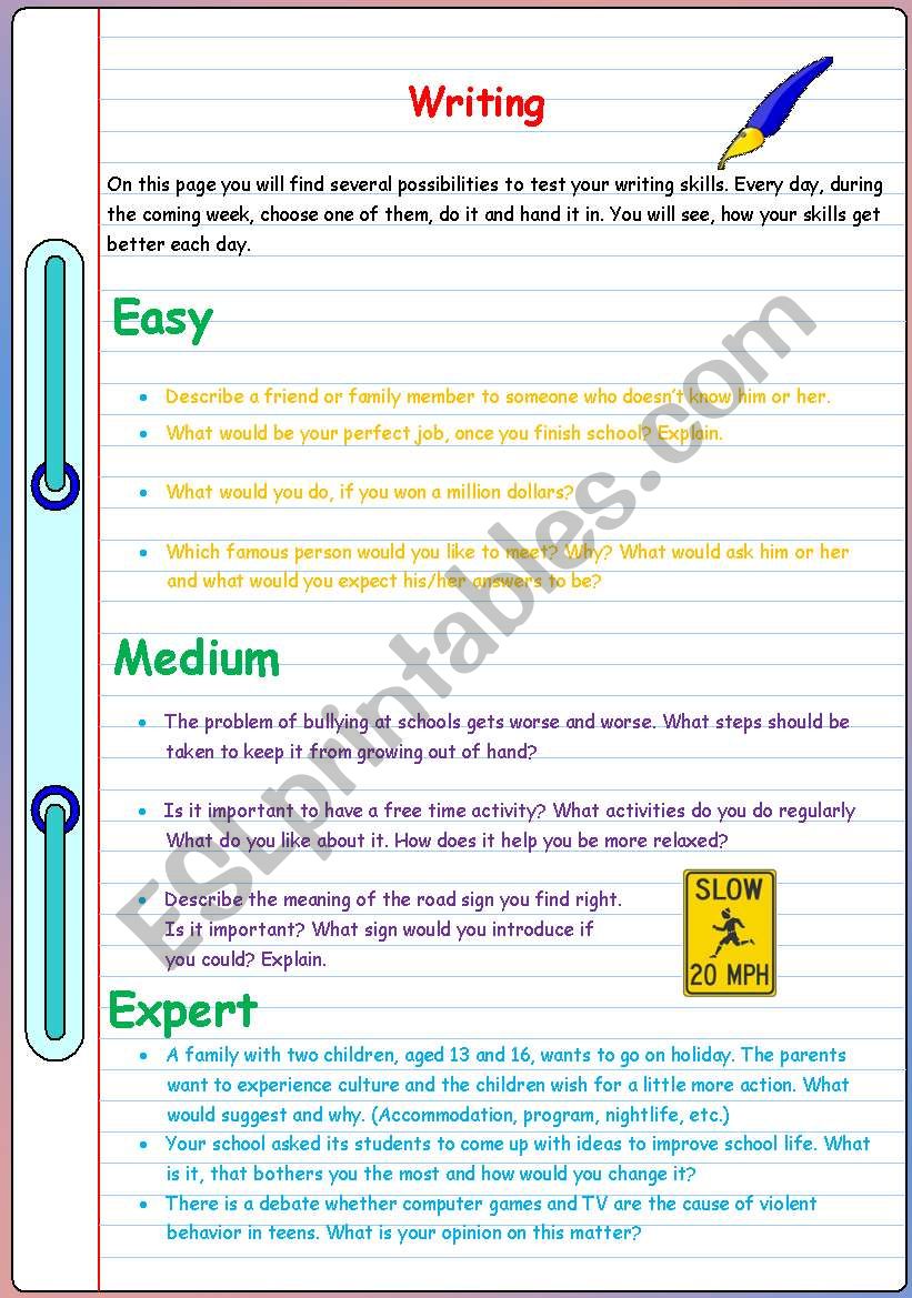Writing exercises and hints worksheet