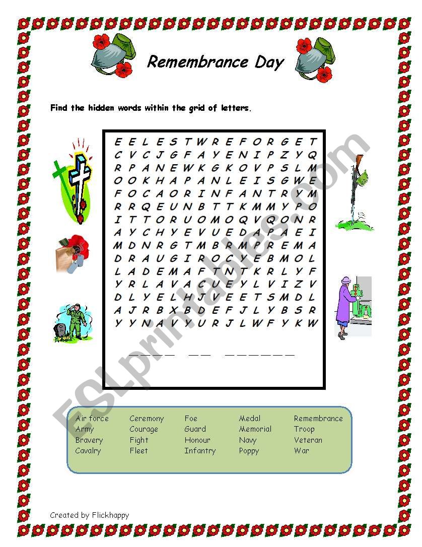 Remembrance Day -Wordsearch worksheet