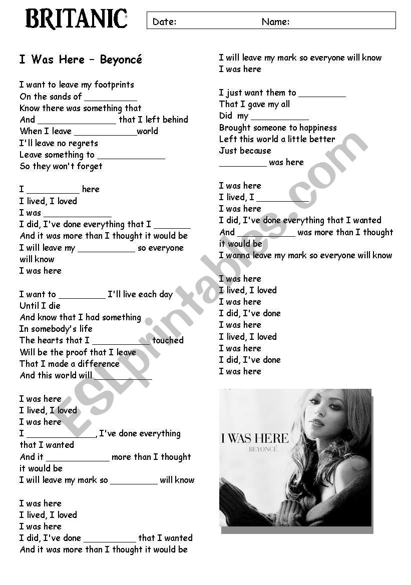 I was here - BEYONC worksheet