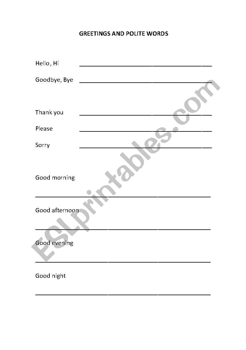 Greetings and polite words worksheet