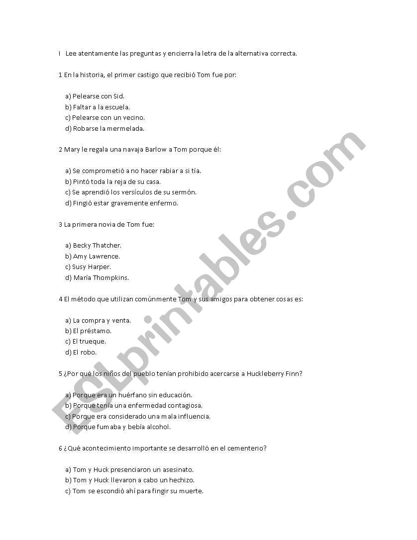 tom sawyer  worksheet