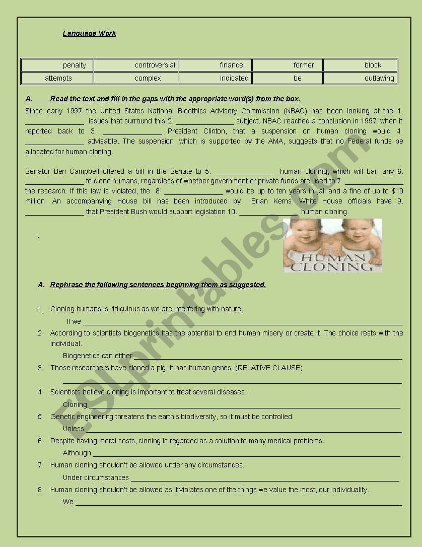 Human cloning worksheet