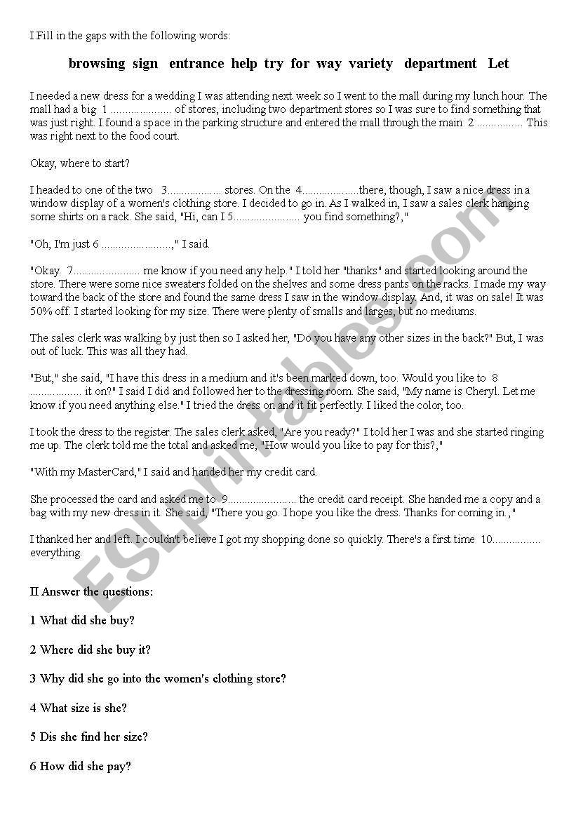 SHOPPING TEXT worksheet