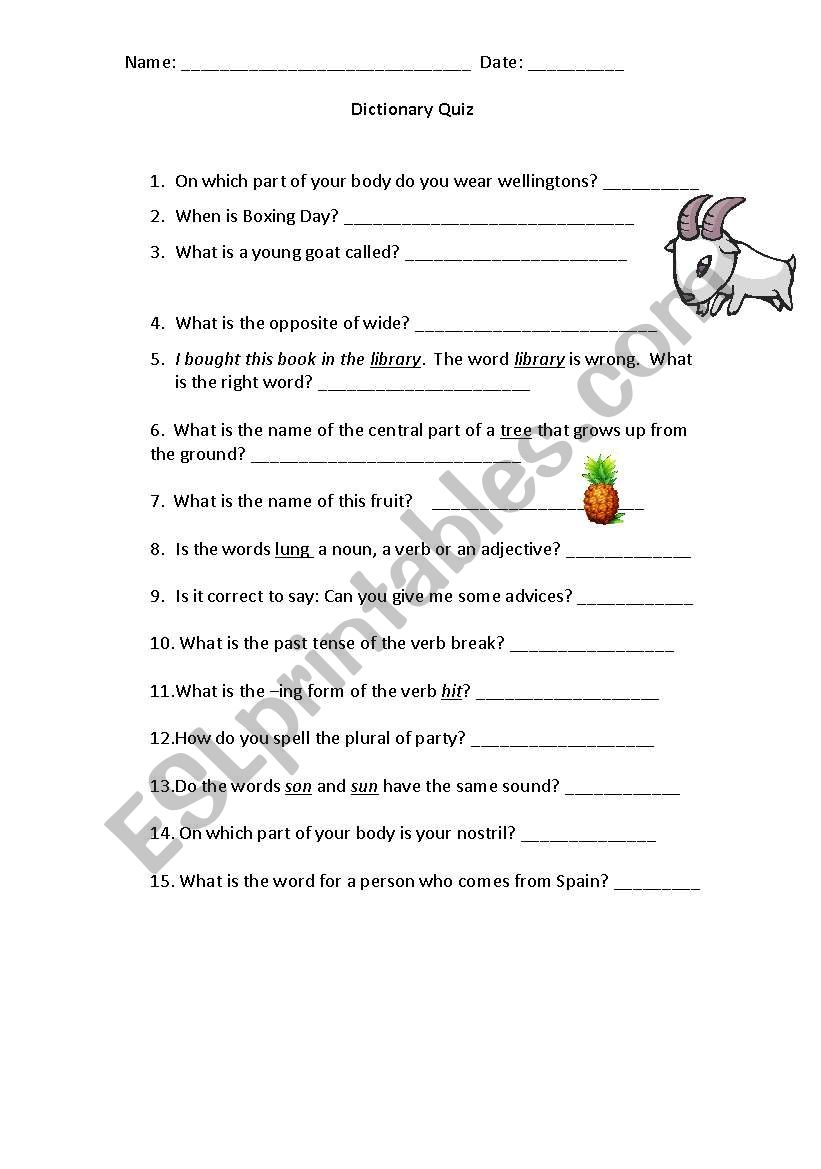 Dictionary Quiz worksheet