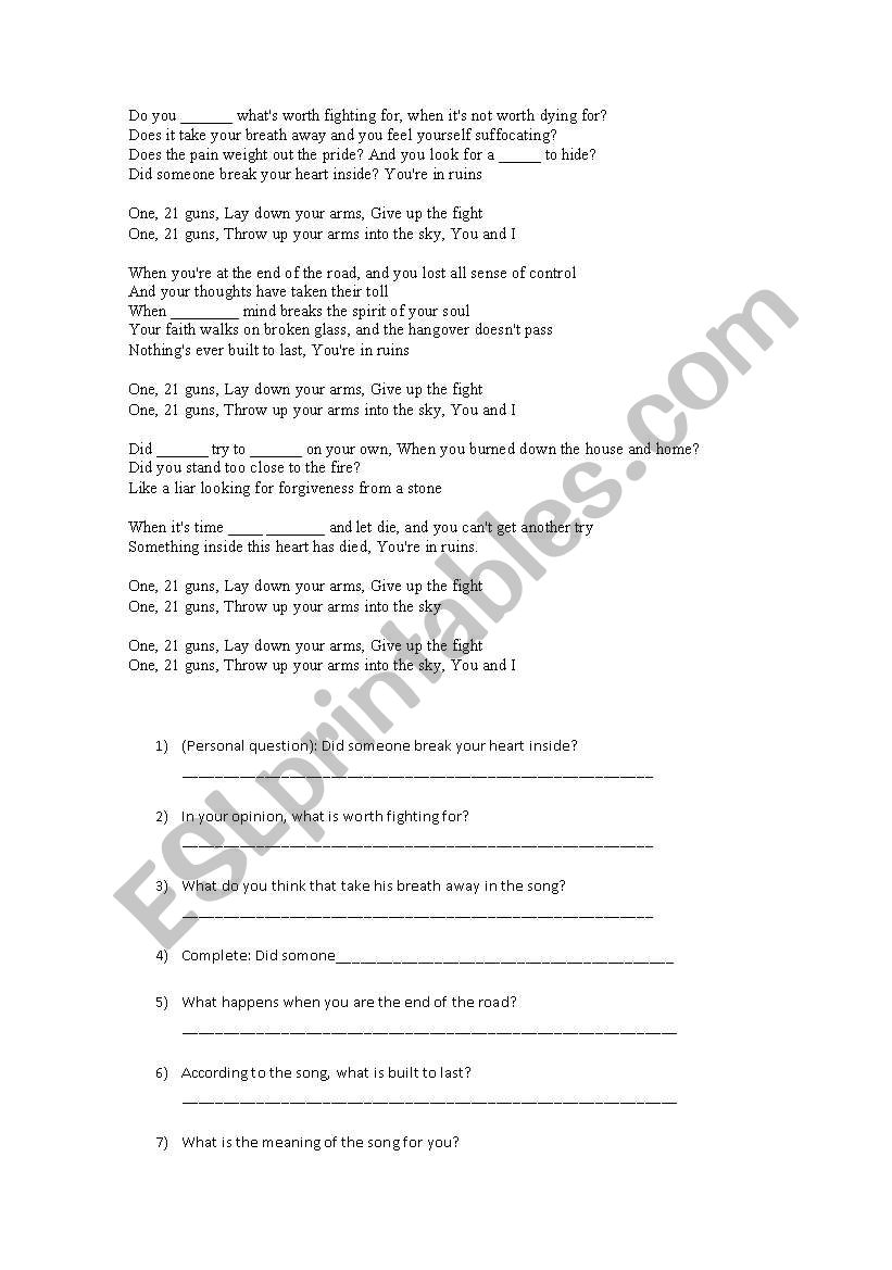 21 guns - green day - song worksheet