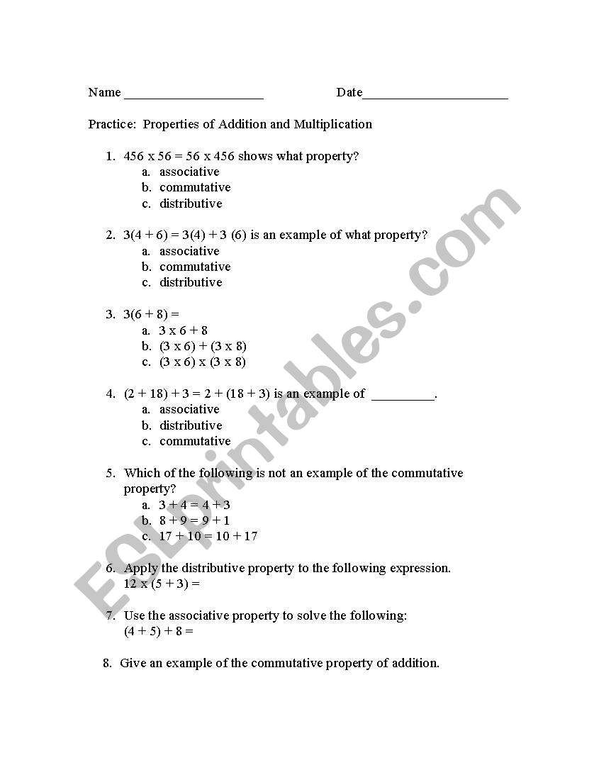 Properties of Addition worksheet