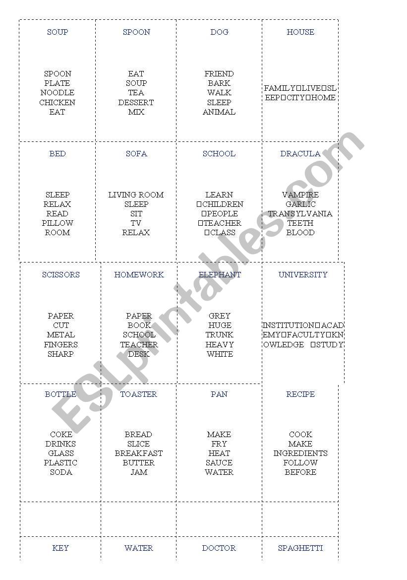 Taboo cards worksheet