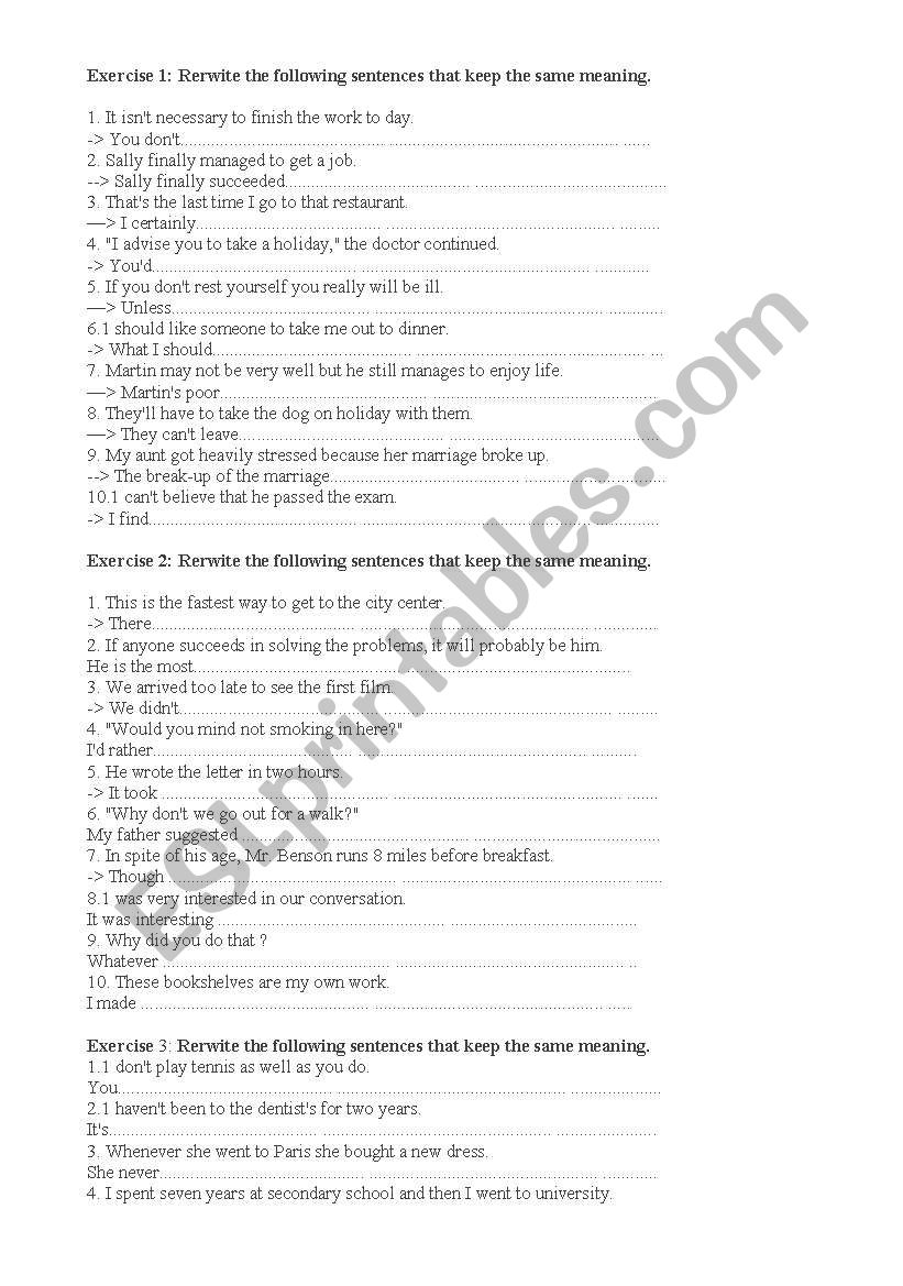 sentence transformation worksheet