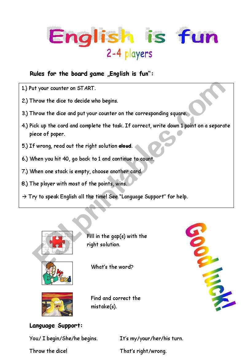 Board game vocabulary grammar worksheet