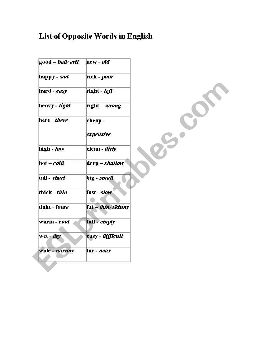 English worksheets: list of opposite words