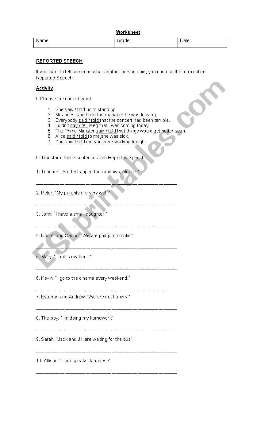 Reported speech exercises worksheet