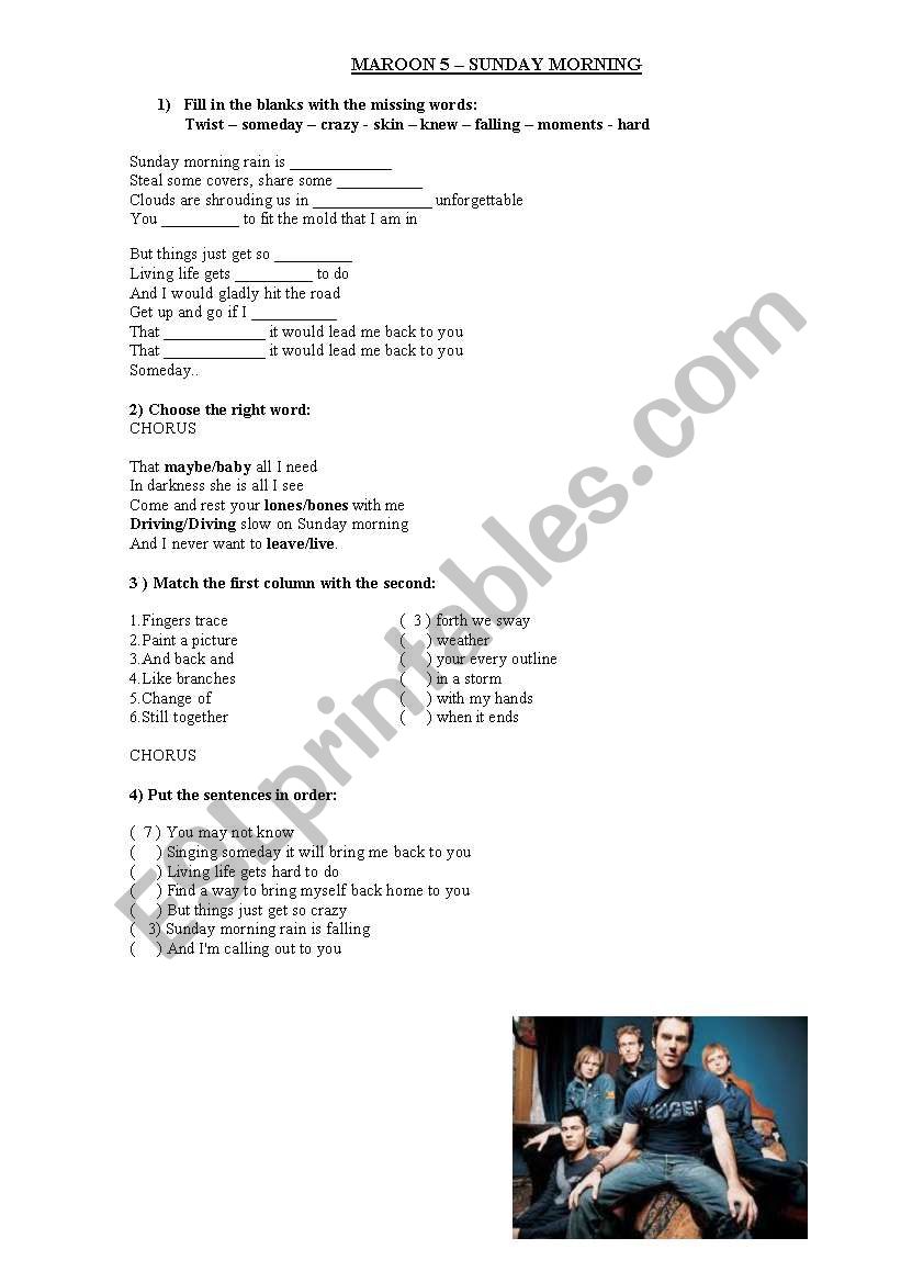 Maroon 5 - Sunday Morning worksheet