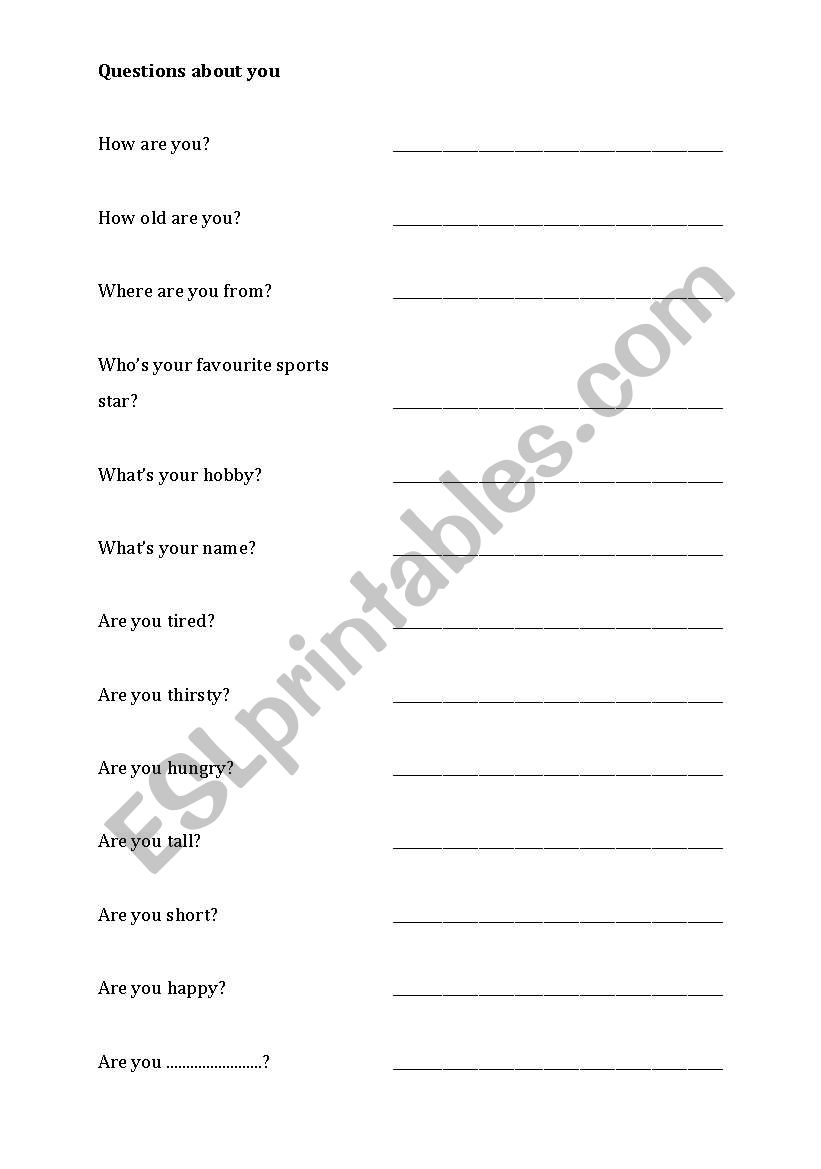 Questions about you worksheet