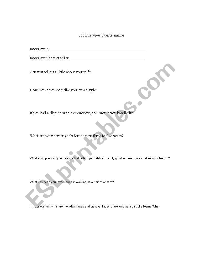 Job Interview Form worksheet