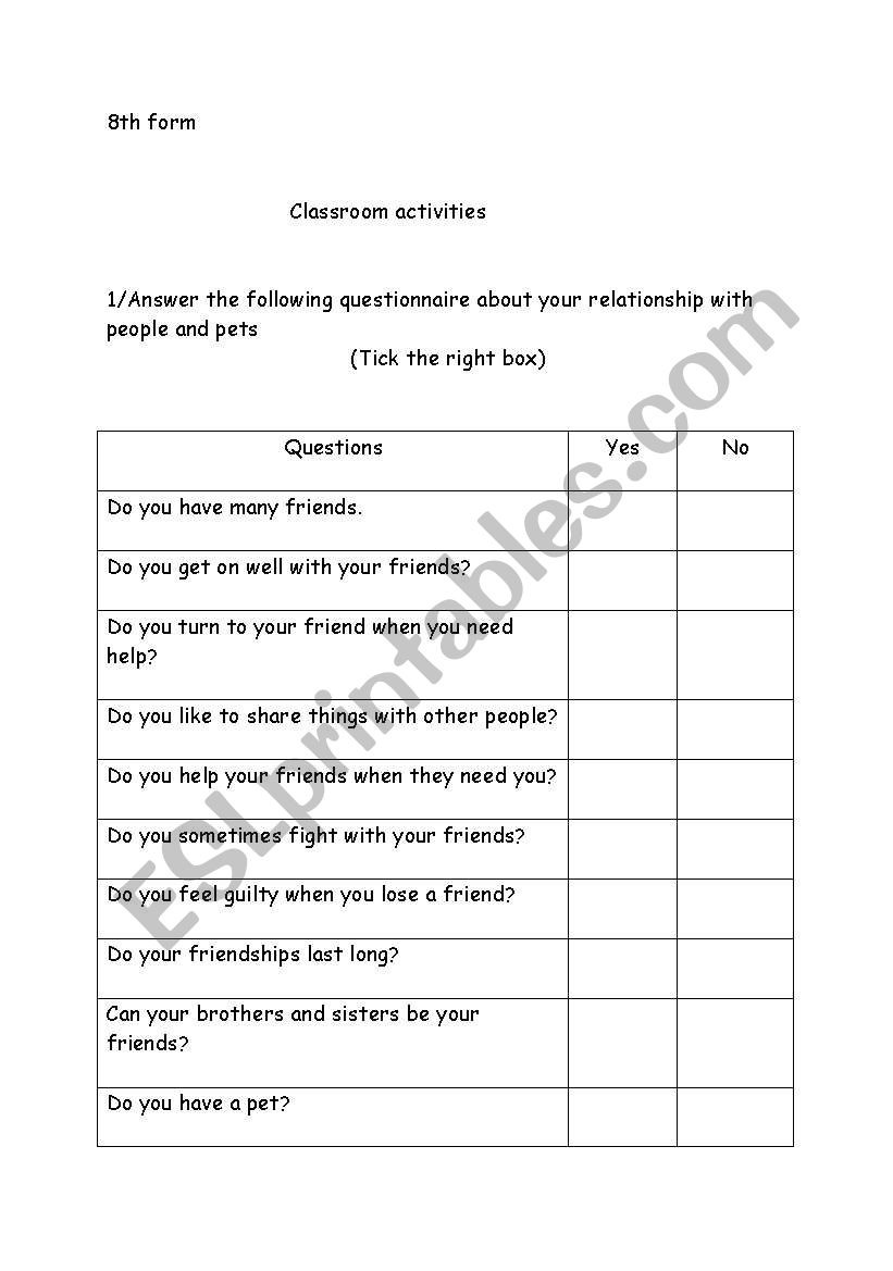 Classroom activities worksheet