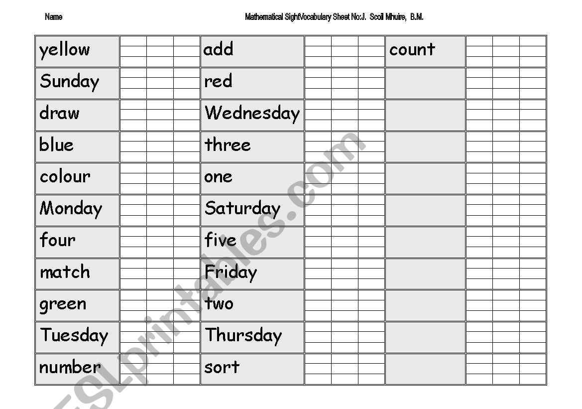 Math Sightword Vocabulary Sheet J