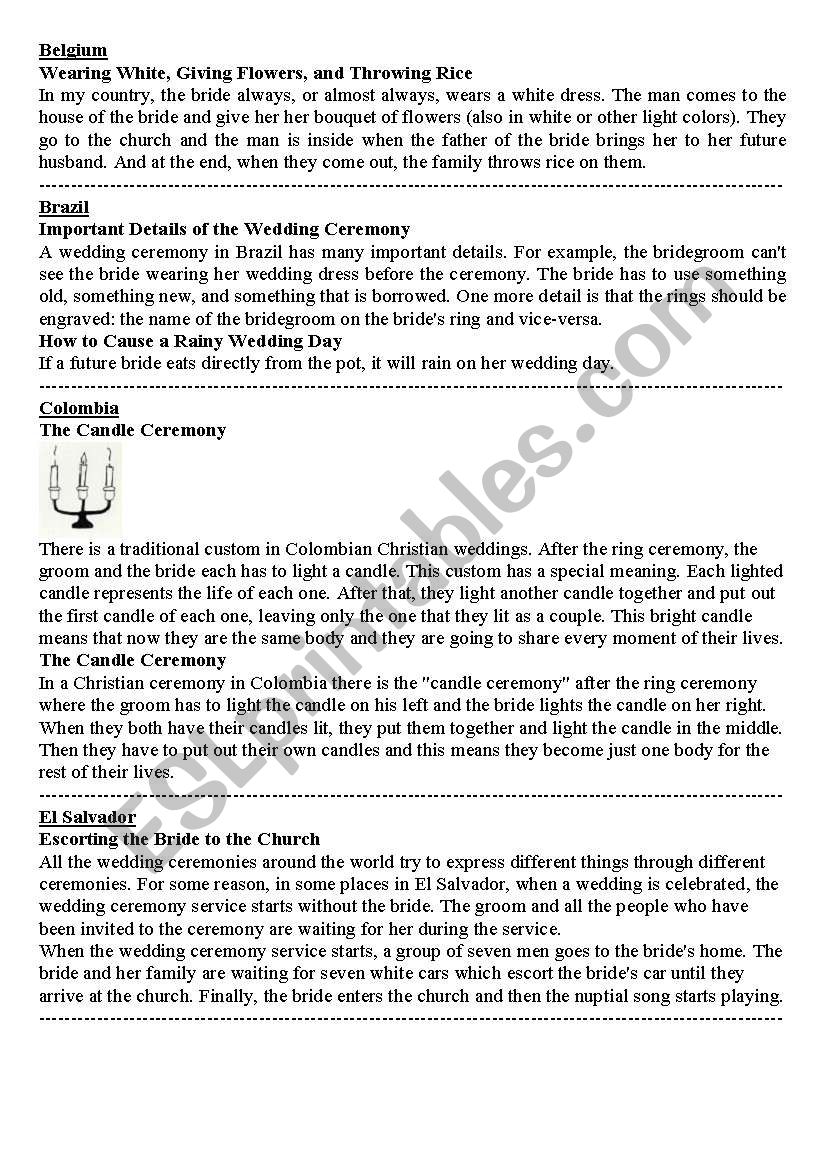 marriage ceremonies worksheet