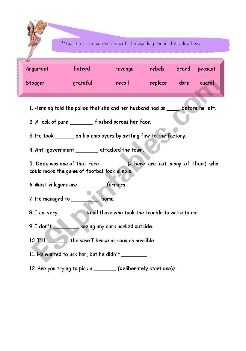 Vocabulary worksheet fill in the blanks