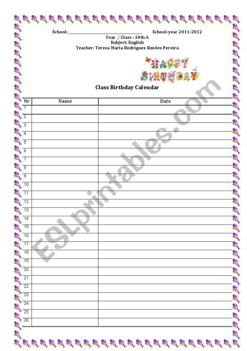 Classroom birthdays worksheet