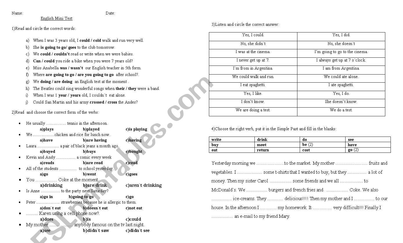 Test on Past Simple and Could worksheet