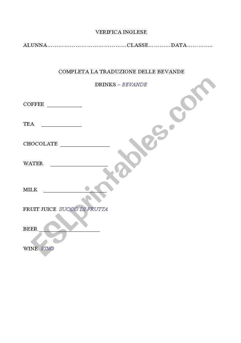 drinks worksheet